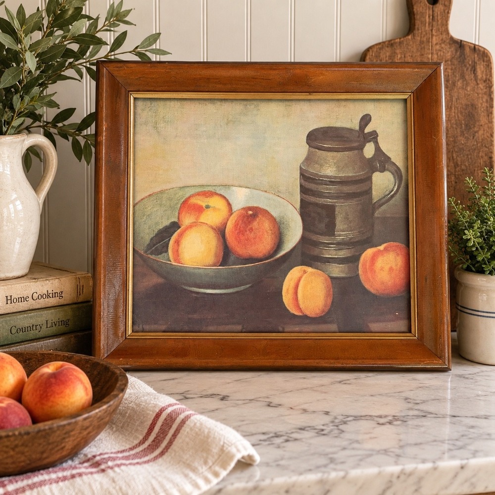 Vintage Still Life Peach Print Framed Rustic Farmhouse Kitchen Wall Art Stein